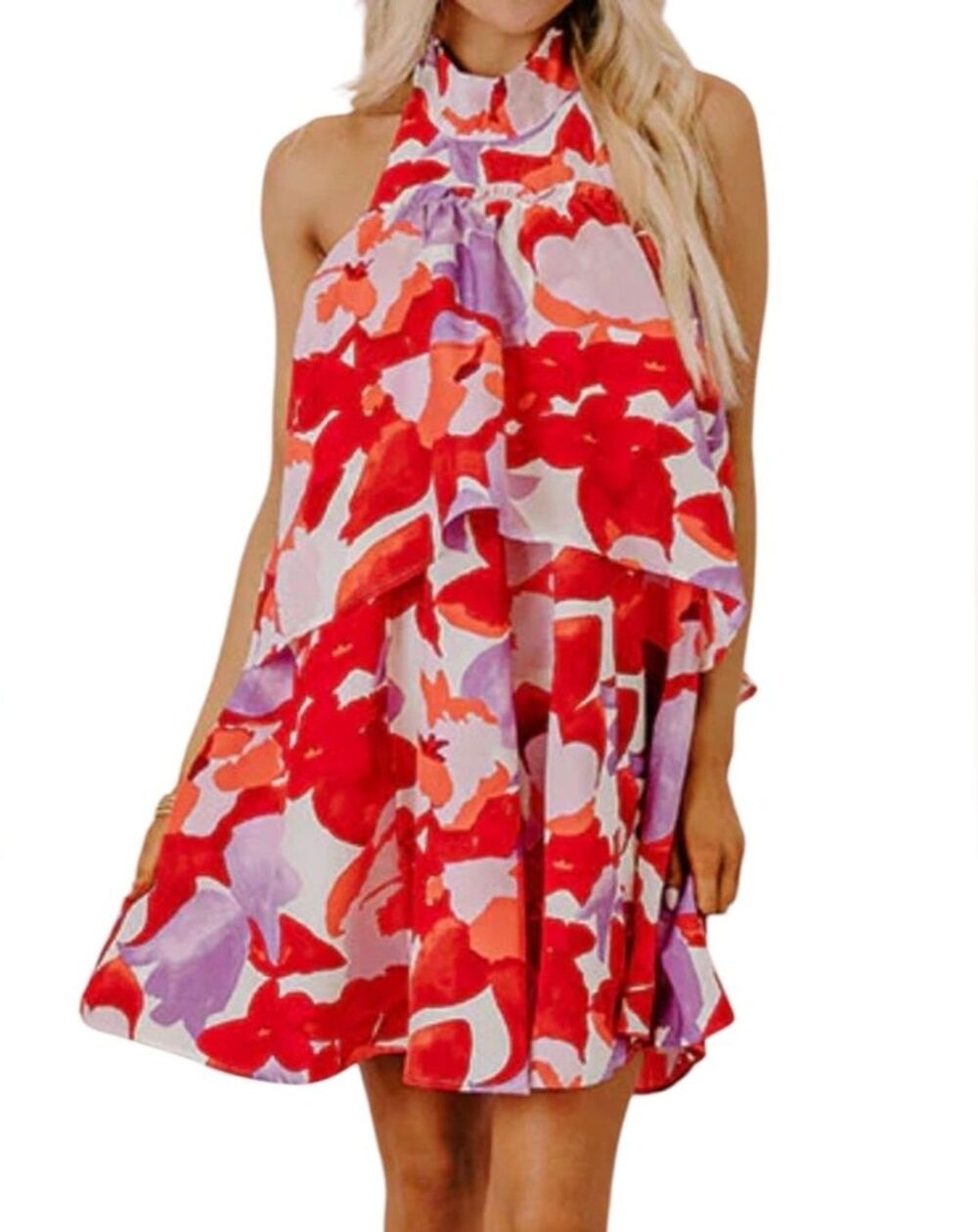 Entro  Red Purple Abstract Floral Halter Mini Layered Flared Dress Size L Beach - Picture 15 of 15